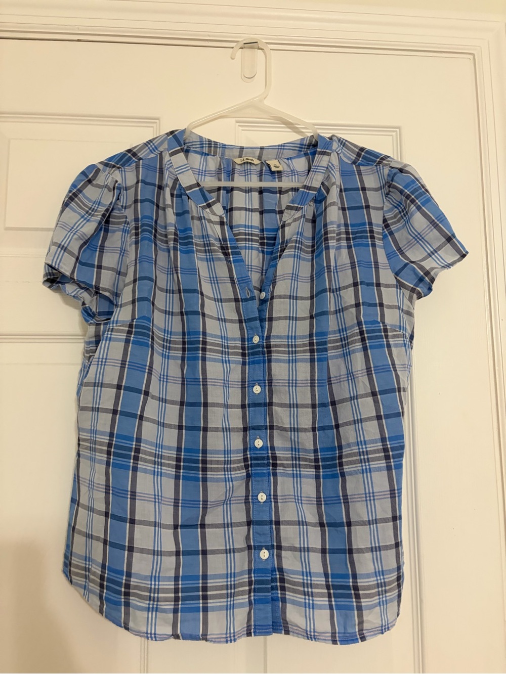 L.L. Bean Blue Plaid Short-Sleeve Button-Down Top